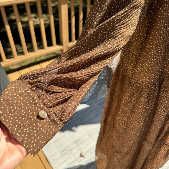 Vince Dot Shirred Semi Sheer Long Sleeve Elegant Brown Midi Dress, size 3X, NWTS - Picture 6 of 15